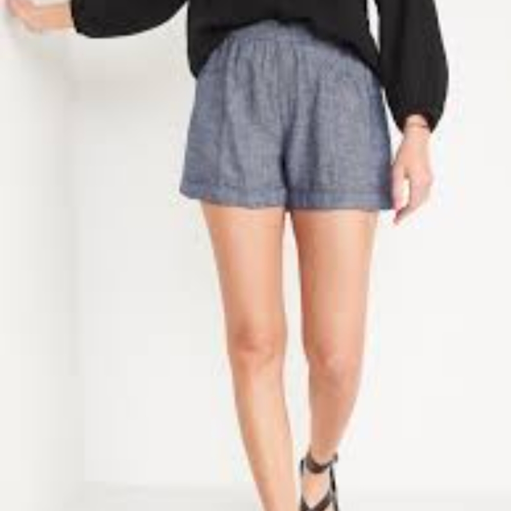 Old Navy High Rise Linen Blend Pull On Shorts Blue Chambray SZ S